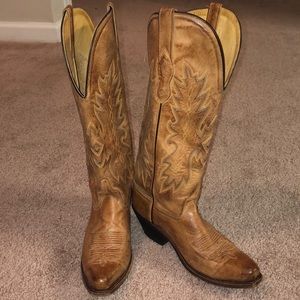 tan leather cowboy boots.